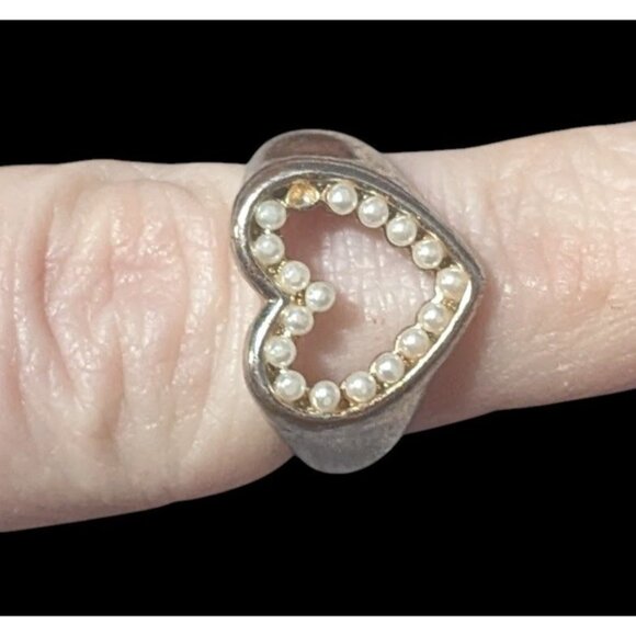 Vintage Open Heart Silver Tone Seed Pearl Ring Size 6 1/4 - Picture 5 of 16
